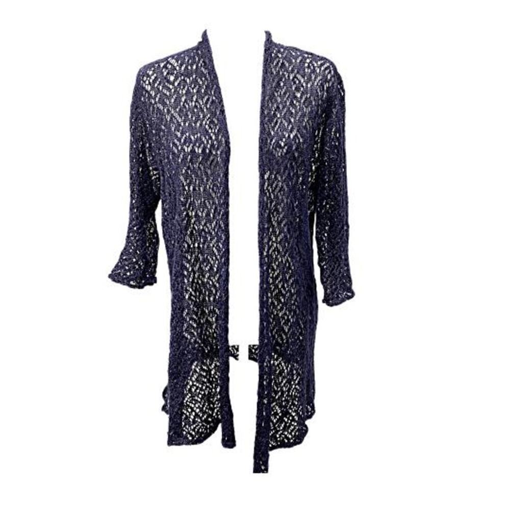 Eileen Fisher Linen Open Knit Cardigan Women Medium Navy Metallic